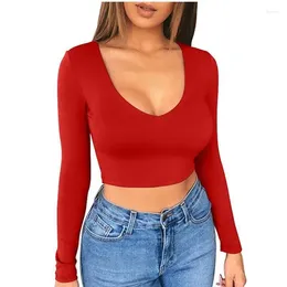 Women's T Shirts Babes Solid Color Base Layer Sexy Super Short Low Cut Crop Top Tight Long Sleeve T-Shirt