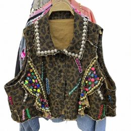 women Leopard Print Sequined Denim Vest Summer Sleevel Rivets Jeans Coat High Waist Rhinestes Jacket Waistcoat Crop Tops O8Bt#