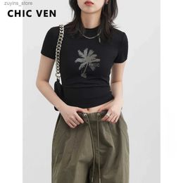 Women's T-Shirt CHIC VEN Summer T-shirts Vintage Design Graphic Print Short Sleeve Crop Tops Girls Korean Fashion Slim Fit Women Clothes 202324329