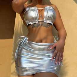 Women's Swimwear 2024 Silvery Shiny 3 Piece Swimsuit For Women High Waist Skirt Bikini Sexy Strapless Hollow Out Backless Ruffle Bathing