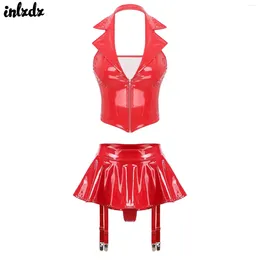 Bras Sets Womens Patent Leather Lingerie Set Wet Look Clubwear Front Zipper Vest With Ruffle Miniskirt Built-in Thongs Garter Clips