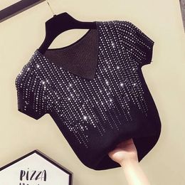 Women's Sweaters Shiny Diamond Women Sweater V Neck Loose Top Solid Color Short Sleeve Knitted Pullover Casual 2024 Clothing