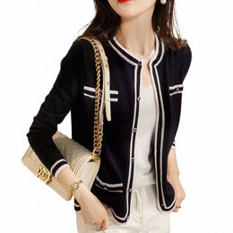 women Knitted Cardigan Coat Ctrast Color O-Neck Lg Sleeve Top 2022 New Elegant Lady Striped Knitting Sweater Jacket Female 034C#