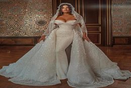 Middle East Elegant Sparkling Plus Size Mermaid Wedding Dresses Sequins Overskirts Bridal Gowns Off Shoulder Detachable Wedding Dr9805827