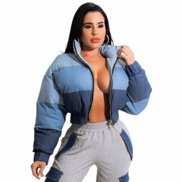 stigende Women Patchwork Parka Puffer Coat Outwear Gradient Color Parkas Jacket Winter Warm Loose Zipper Striped Denim Crop Top b2aW#