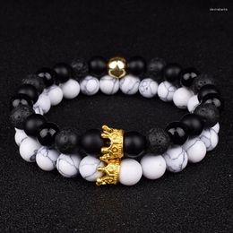 Strand 2pcs Charm Paired Bracelets Men Sets Crown Women's Natural Stone Beads Wristband Couple Bracelet Gifts Friends Jewelry