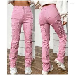 Women's Jeans Women Street Stretch Patch Straight Elastic Layered Leg Denim Trouser