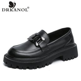 Boots Drkanol Women Slip on Loafers Spring Autumn British Style 100% Genuine Leather Thick Heel Platform Casual Shoes Handmade Retro