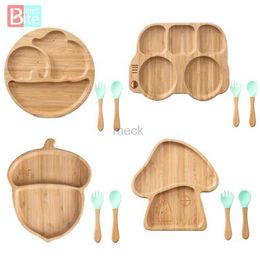 Cups Dishes Utensils 3PCS Wooden Baby Feeding Tableware Bamboo Children Feeding Bowl With Suction Cup Divider Food Kids Growing Gifts NO BPA 240329