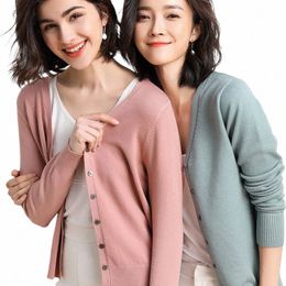 cardigans Women 2022 Autumn Single Breasted V-neck Knitted Sweater Fi Short Knitwear Solid Blue Green Pink Women's Jumpers R6dI#