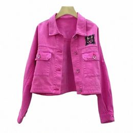 2023 Spring Autumn Period New Rose Red Printed Denim Jacket Ladies European Fi Age-reducing Women Denim Short Coats Tops o8TX#