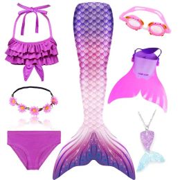 4 Colors 3 Pieces Girl Kids Mermaid Tail Swimmable Bikini Set Bathing Suit Fancy Children Mermaid Tail Costume Cosplay 3-12Y