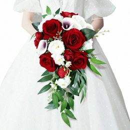 waterfall Style Rose Wedding Bouquet Simulati Frs Cascading Red Buque De Noiva Para Casamento R4sv#
