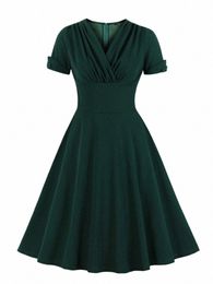 tval Ruched V Neck Wrap High Waist 1950S Vintage Green A Line Swing Dres Women Summer Solid Elegant Party Midi Dr S169#