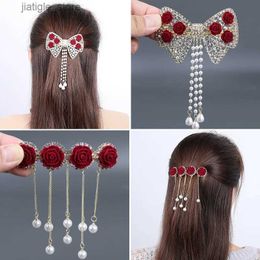 Hair Clips New Retro Bow Pearl Tassel Spring Clip Rose Flower Bangs Sea Clip High Ponytail A Word Girl Hair Clip Hair Accessories Y240329