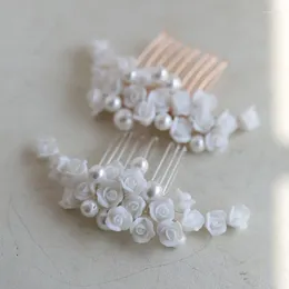 Hair Clips Porcelain Rose Flower Comb Pin Clip Gold Silver Colour Head Piece For Bride Pearl Hairpin Wedding Accessories Bridal Jewellery