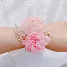 Charm Bracelets Wedding Hand Flowers Bridesmaid Wrist Prom Party Corsage Flower Boutonniere Satin Rose Bracelet Accessories