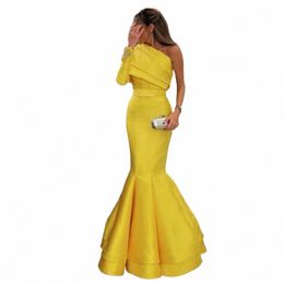 sumnus Yellow One Shoulder Saudi Arabia Evening Dres Beads Full Sleeve Satin Mermaid Dubai Formal Evening Gowns Floor Length 76l9#