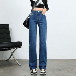 Jeans de estilo americano para feminino primavera e outono novos produtos de cintura alta solta encaixe de perna reta elástica calça casual slim fit