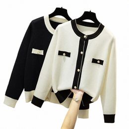 sueter mujer 2024 Elegant Women Sweater and Cardigans Butt Up Pearl Beading Black White Formal Knit Jacket mujer 89fZ#
