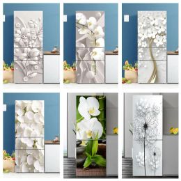 Stickers White Flowers Fridge Sticker SelfAdhesive Vinyl Custom Service Wallpaper Refrigerator Door Cover Furniture Refurbish Wall Decal