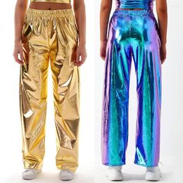 Women's Pants Elastic Waist Wide Leg Metallic High Holographic Casual Streetwear Trousers With For Hip