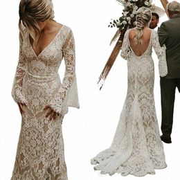 vintage Lace Mermaid Beach Wedding Dr Lg Flare Sleeves Sexy Open Back Country Wedding Dres Rustic Boho Bridal Gowns 2024 j4u3#