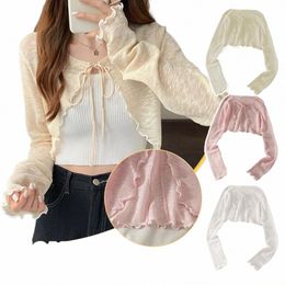 thin Sunscreen Cardigan Lace-up Knitwear Tops Summer Women Korean Style Lantern Sleeve Short Coat Casual Sun Protected Q33L#