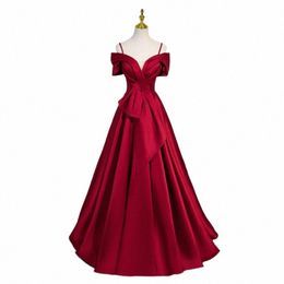 evening Dr Red Short Sleeves Pleat Floor-Length Lace Up A-Line Elegant Boat Neck Satin New Party Formal Dres Woman B2745 M300#