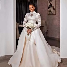 African Arabic Modest Sleeve High Neck Wedding Dresses With Detachable Train Appliques Lace Tulle Long Bridal Gowns Vestido De Novia Custom Made BC