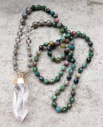 Necklaces YA2379 Handmade Stone Knot Necklace Clear Quartz Point Pendant Tiger Eye Labradorite Knot Beads Necklaces 3032inch long