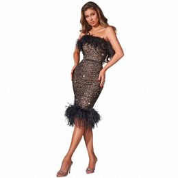 luxury Cocktail Dres Black Sequin Beaded Feather Mermaid Gowns Midi Strapl Belt Backl Sexy Women's Party Dr k6zg#