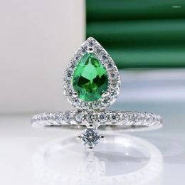 Cluster Rings Spring Qiaoer Vintage 925 Sterling Silver Pear Lab Emerald Green High Carbon Diamonds Gemstone Wedding Ring Fine Jewellery