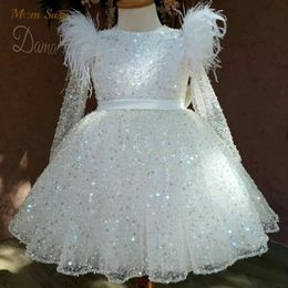 Fashion Baby Girl Princess Sequins Tutu Dress Long Feather Sleeve Child Vestido Wedding Party Birthday Xmas Clothes 114Y 240318