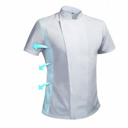 summer chef cook jacket male chef's white shirt Restaurant Uniform Barber Shop Workwear Overalls X4nA#