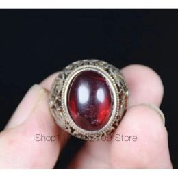 Sculptures 3cm Chinese Old Miao Silver Inlaid Red Gemstone Hollow Flower Ring