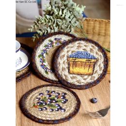 Table Mats 16-32cm American Retro Creative Blueberry Round Placemat Handmade Jute Woven Luxury Insulated Pot Mat