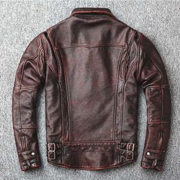 Men's Leather Faux Leather Top Layer Cowhide Leather Jacket Men Genuine Leisure Corium Coat Vintage Distressed Spring Autumn Motorcycle Swallow Tailed Suit 240330