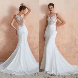 Sexy White Mermaid Chiffon Sleeveless Dresses Modern Backless Sheer Neck Country Style Wedding Gowns Plus Size Bridal Dress