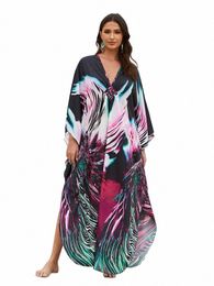 causal Print V Neck 2024 Spring Summer Lg Sleeve Loose Kaftan Women Clothing Plus Size Beach Wear Maxi Dres Q1588 u50y#