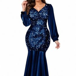 plus Size Sequin Cocktail Midi Dr Lantern V-Neck Lg Sleeve High Waist Skinny Sexy Even Party Dres for Women Clothing 06tI#