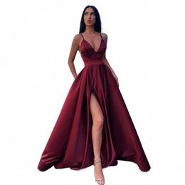 2024 Sexy V Neck Satin Dres Spaghetti Strap Side Slit Prom High Waist Evening Gowns Party Dr Robe De Soiree Banquet M0sE#