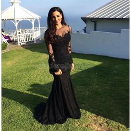 Sheer Illusion Jewel Neck Little Black Prom Dresses Mermaid Lace Appliques Beaded Long Formal Evening Party Gowns Special Celebrity Dress BA