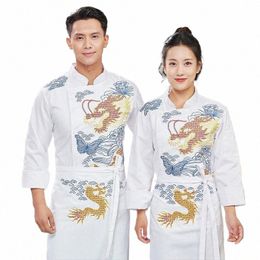 chinese Style Creative Drag Pattern Chef Working Clothes Men Women Lg Sleeved Top Apr Set Restaurant Waiter Uniform q0AA#