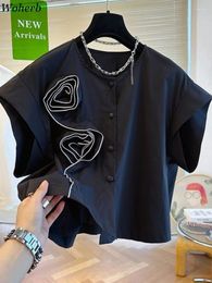 Women's Blouses Temperament Camisas De Mujer Vintage For Women Chic 3D Floral Short Sleeve Shirts Solid Colour Loose Korean Blouse Tops