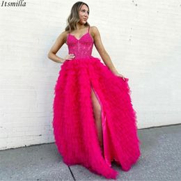 Party Dresses Itsmilla A-Line Spaghetti Straps Long Prom With Ruffled Tulle Leaf Lace Corset High Slit Wedding Dress Pink