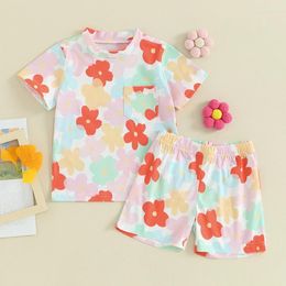 Clothing Sets VISgogo 0-24Months Baby Girls Clothes Set Flower Print Short Sleeve T-shirt With Elastic Waist Shorts Summer Casual 2pcs