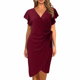 womens Deep V Neck Ruffle Sleeve Women'S Dr Casual Work Faux Female Elegant Formal Dres Cocktail Party Evening Vestidos H67b#