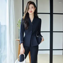 Women's Two Piece Pants Long Sleeve Fashion Solid Color Business Wear Black Formal Navy Blue Work Uniforms Suit White Collar