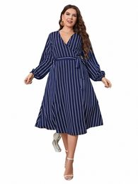 autumn Fi Plus Size Women Clothing Sexy Deep V Collar Stripes One Piece Midi Dr With Belt Lg Sleeves Polyester Clothes w2L5#